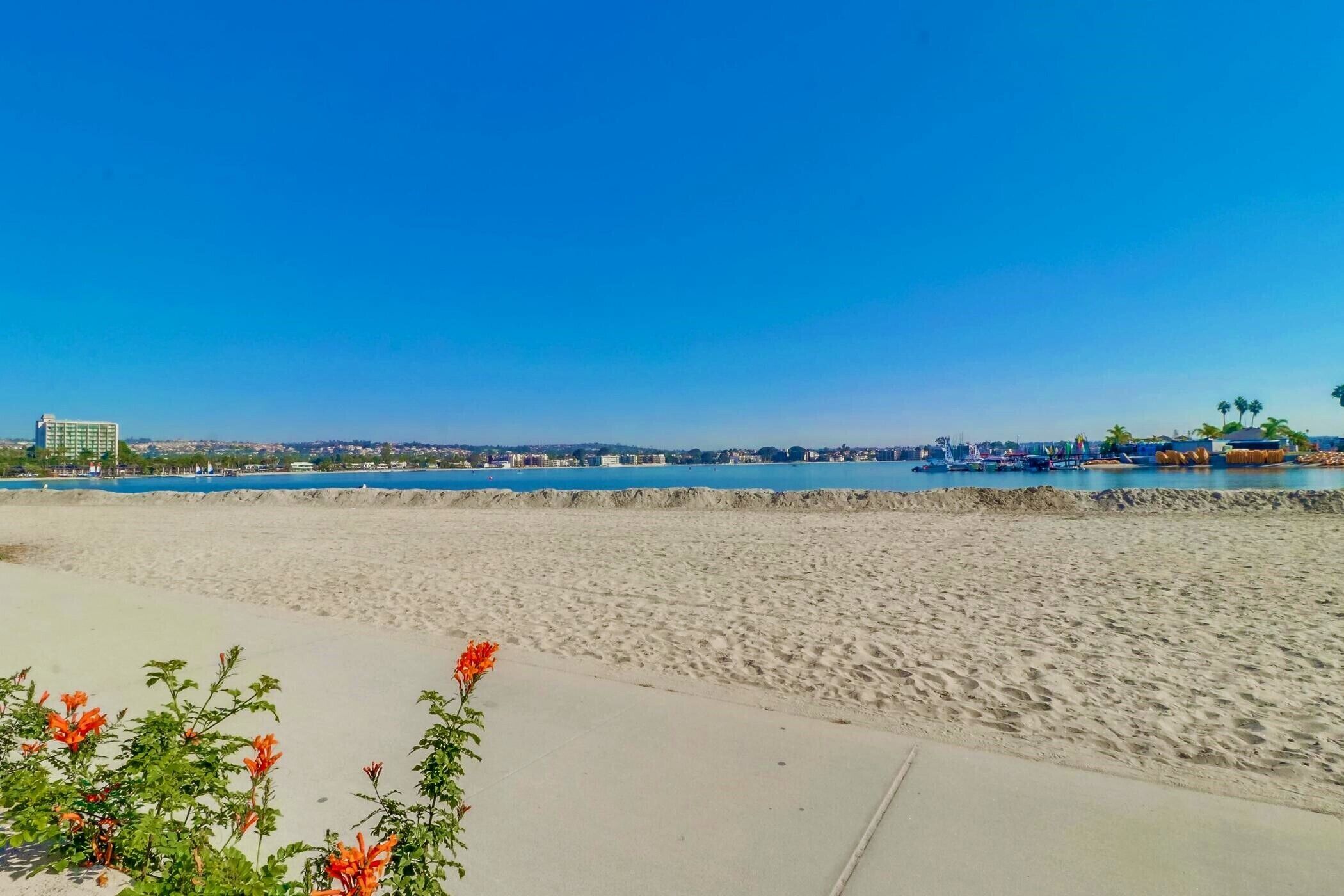 A beach with a clear sky, a sandy shore, and a distant cityscape.