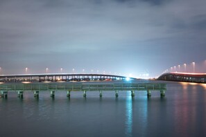 Een brug over water, met een rij lichtjes over de lengte.