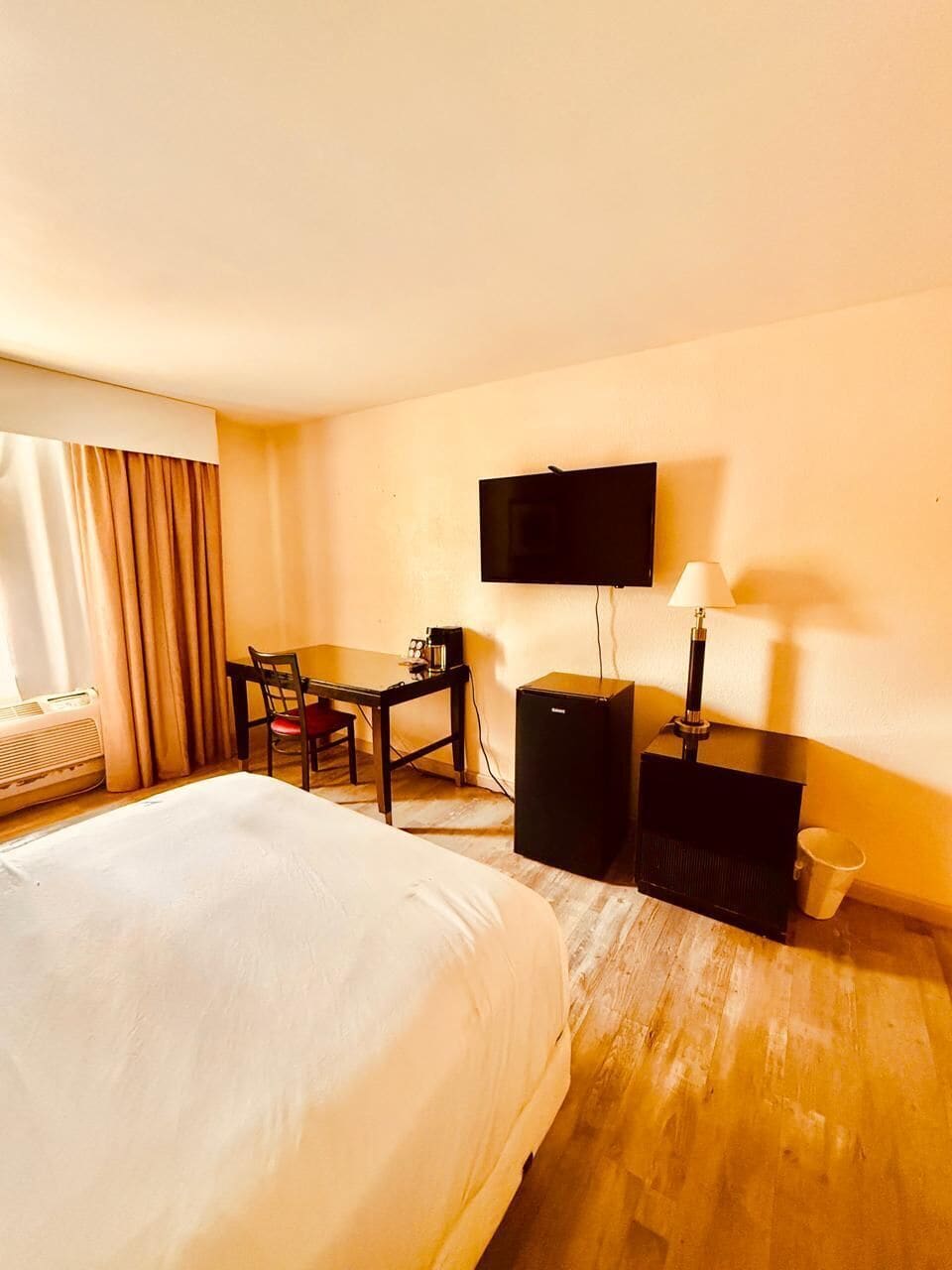 A hotel room with a bed, a desk, a chair, a television, a lamp, and a heater.