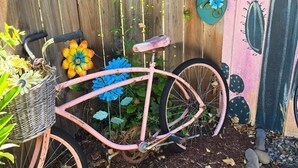 Ein pinkfarbenes Fahrrad, geparkt an einer Holzzaun, mit einem Gartenschild, umgeben von Zierblumen und einem Kaktus.