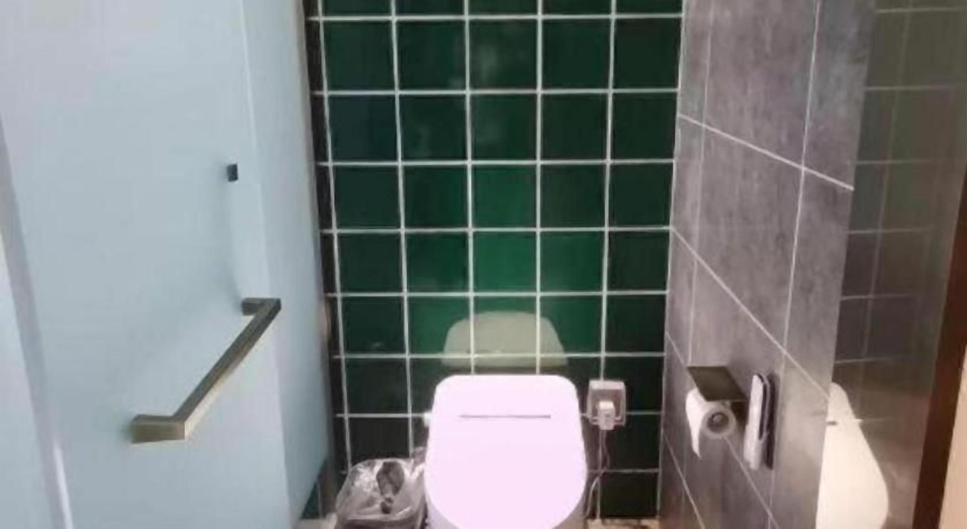A small bathroom with a toilet, a handrail, and a trash bin.