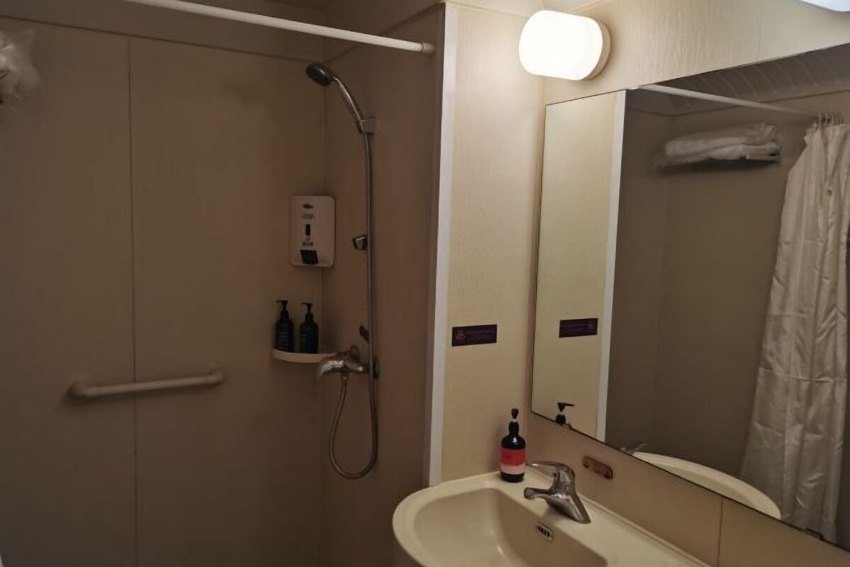 Un baño con ducha, lavabo, espejo y un perchero para toallas.