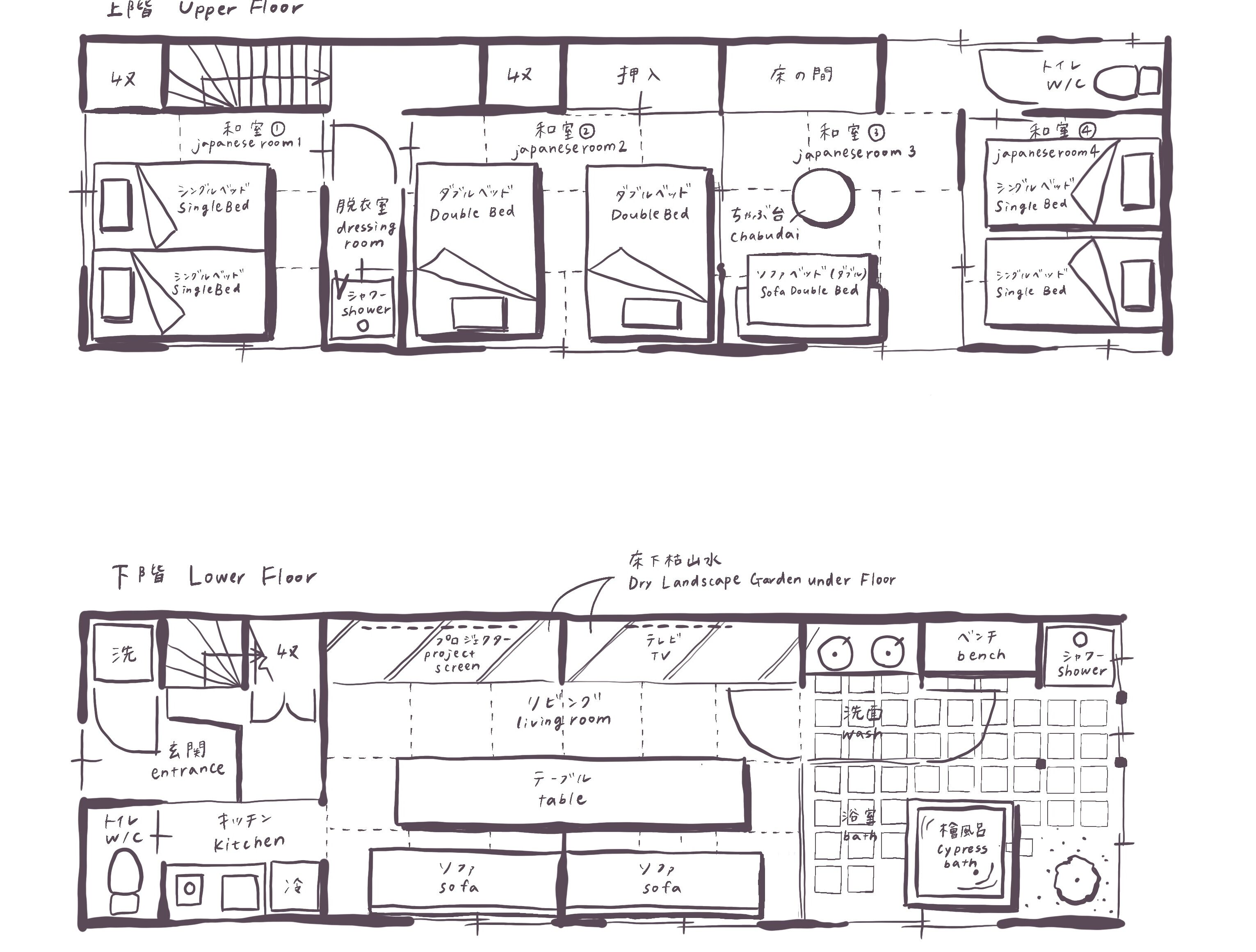 Un plan d’étage d’un hôtel comprenant des chambres de style japonais, un jardin zen, un téléviseur, un banc, une douche, une cuisine et un canapé.