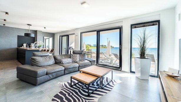 A modern living room with a grey sofa, a wooden coffee table, and a zebra-patterned rug.