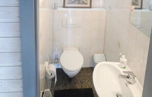 A small bathroom with a toilet, a sink, and a toilet brush.
