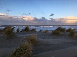 Vlak bij het strand, ligstoelen aan het strand