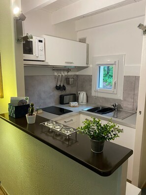 Kühlschrank, Mikrowelle, Herdplatte, Geschirrspüler