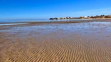 On the beach, sun-loungers, beach towels