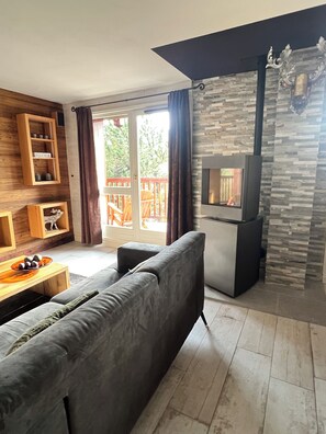 Télévision, cheminée, livres