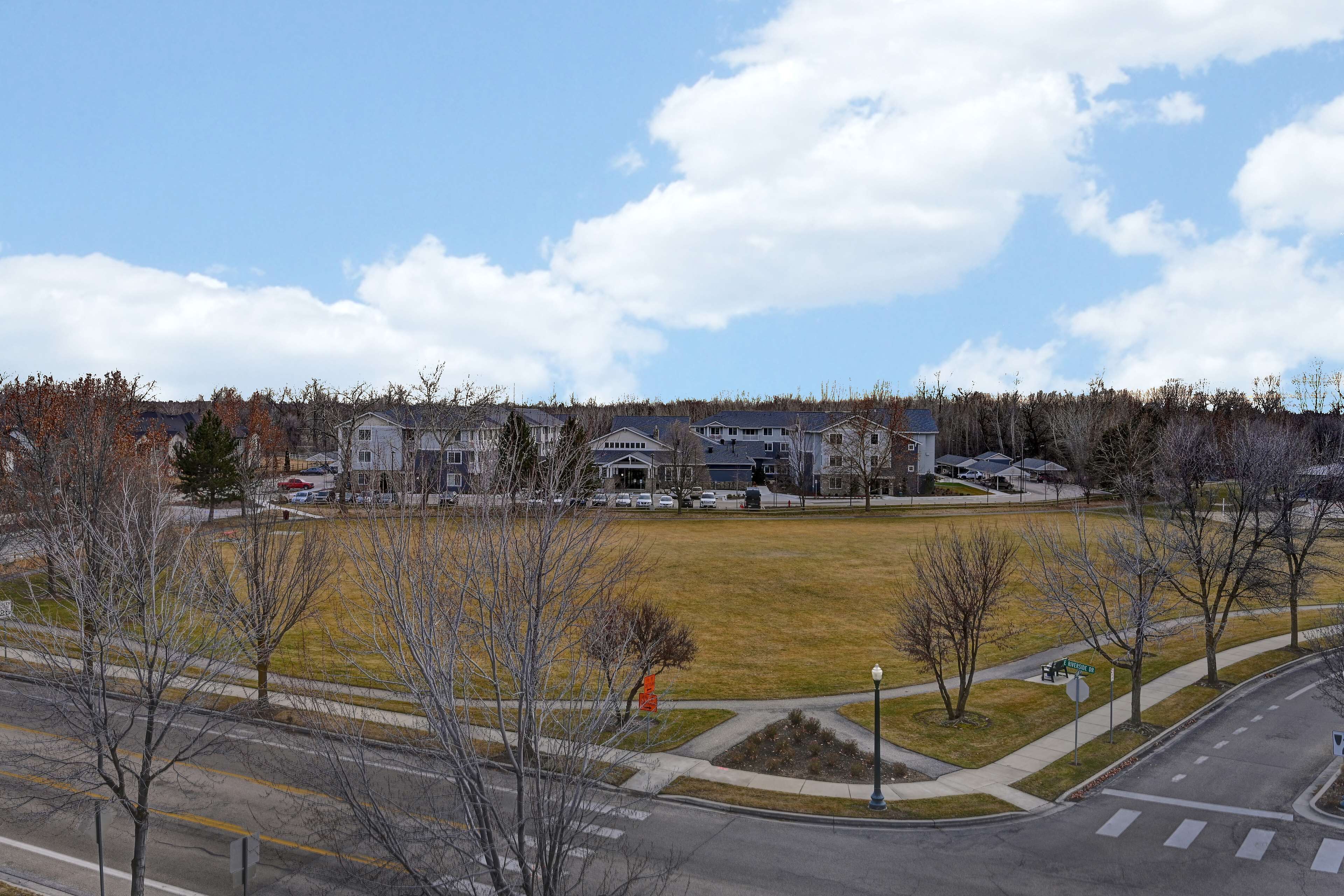A residential area with houses, a large open grassy field, and a road with a pedestrian crossing.