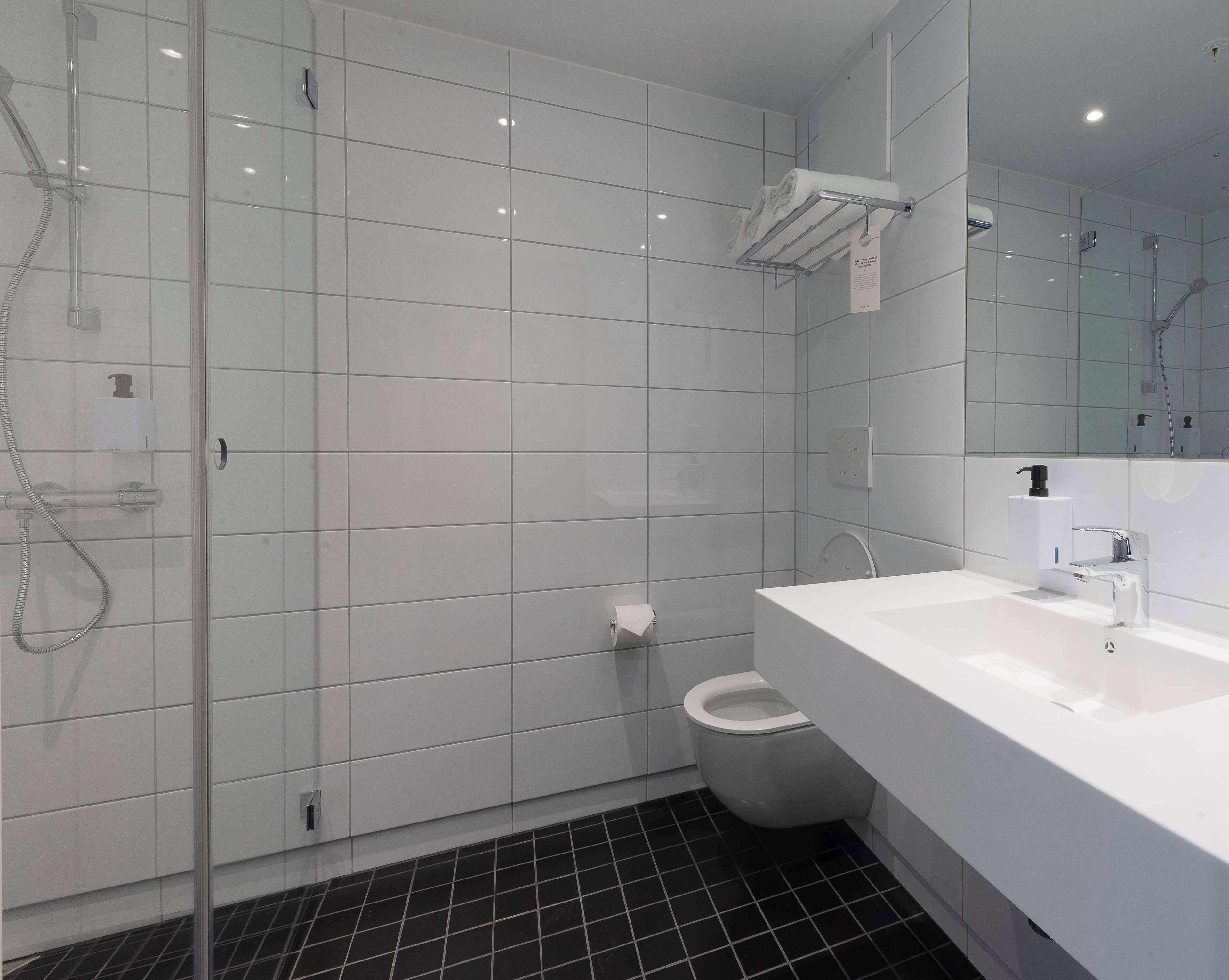 Un baño moderno con ducha envuelta en vidrio, un lavamanos blanco y un inodoro.