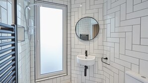 Un baño con ducha, lavabo, espejo e inodoro.