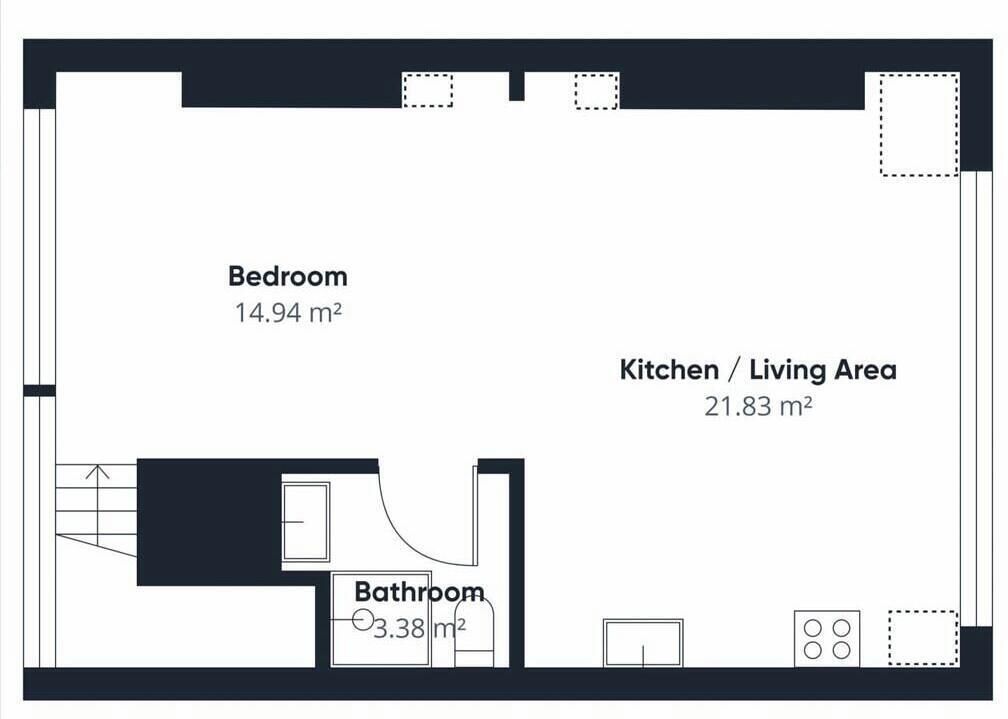 A floor plan with a bedroom (14.94 m²), kitchen/living area (21.83 m²), and bathroom (3.38 m²).