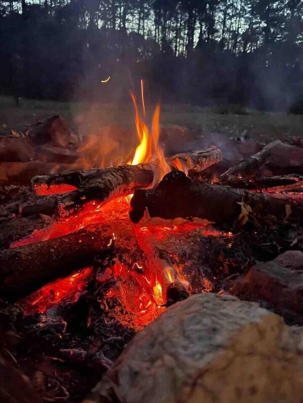 A campfire with logs and glowing embers.