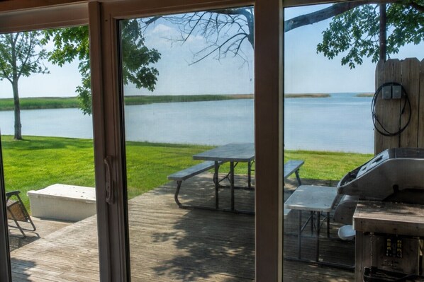 Terraza con mesas de picnic y una parrilla, con vistas a un lago.