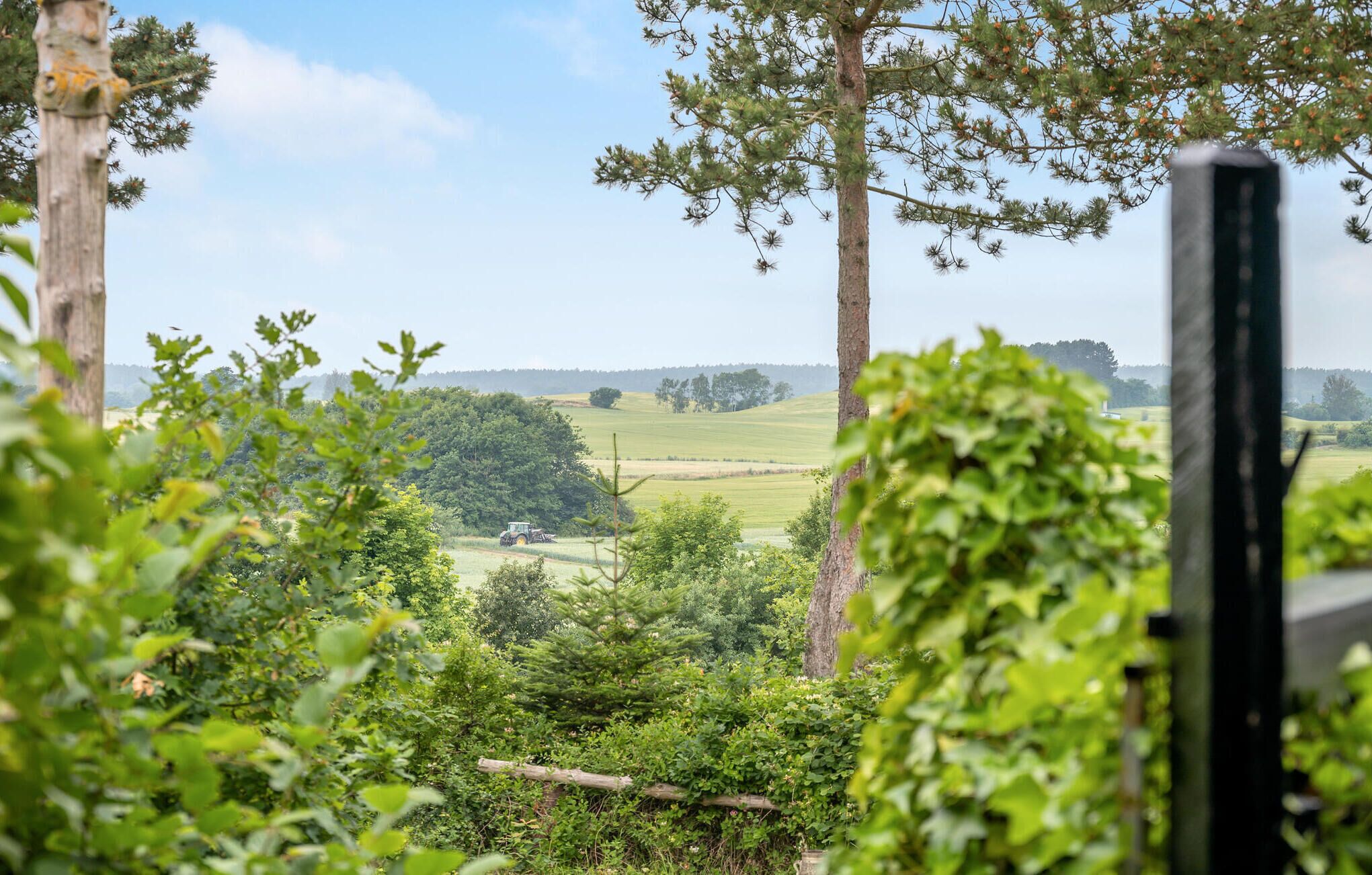 Un paysage rural avec un tracteur dans un champ, entouré d’arbres et de verdure.