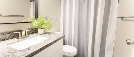 A bathroom with a granite countertop, a white sink, a potted plant, a toilet, and a striped shower curtain.