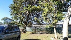 A car parked in a yard with a tree and a fence in the background.