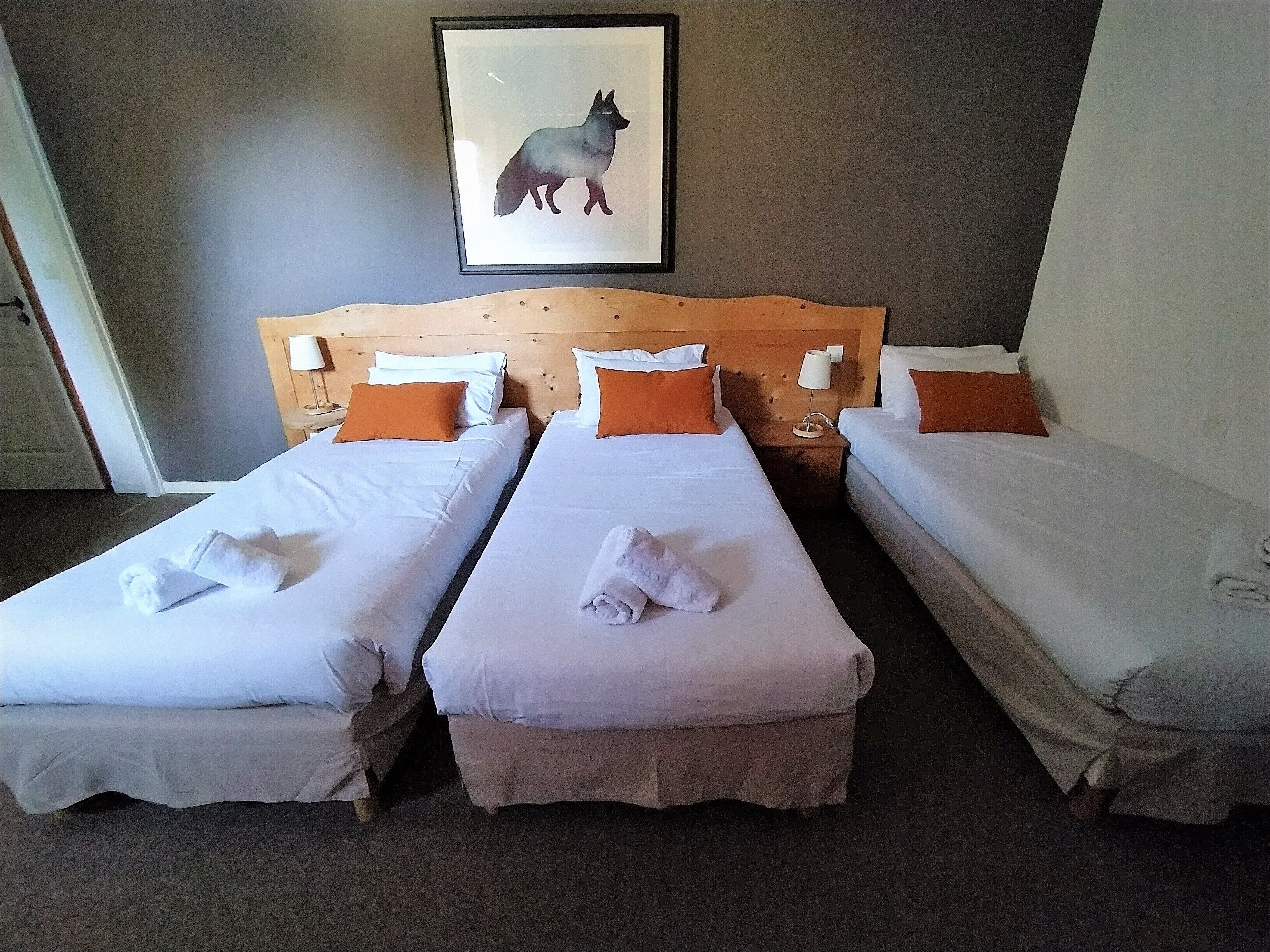 A hotel room with three single beds, each with a neatly folded towel and orange pillows. A framed picture of a wolf hangs on the wall above the beds.