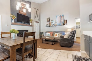 TV, fireplace, DVD player, books