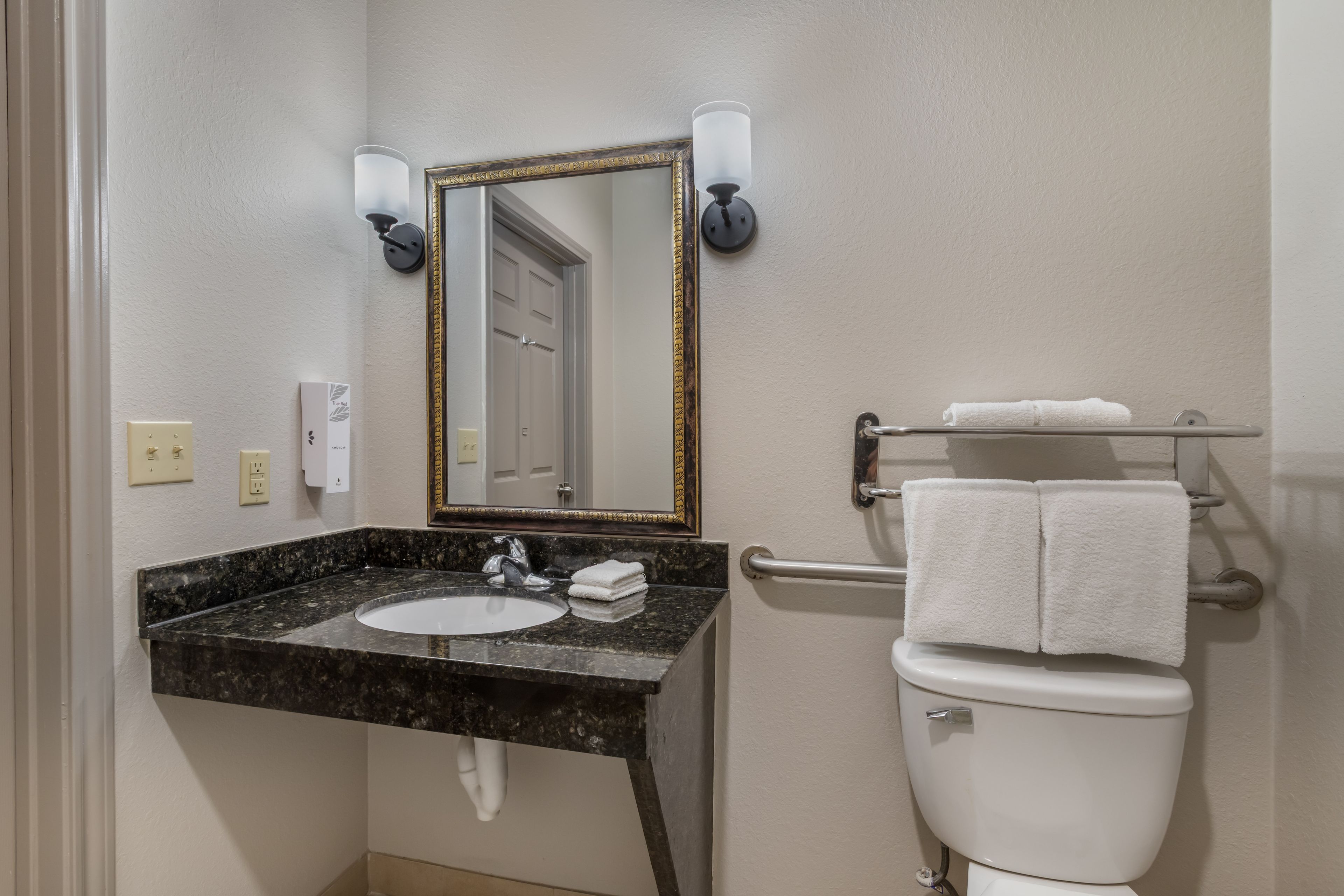 A bathroom with a marble sink, a white toilet, a towel rack, and a mirror with a gold frame.