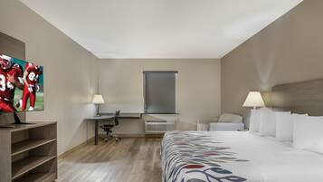 A hotel room with a bed, a desk, a chair, a TV, and a window.