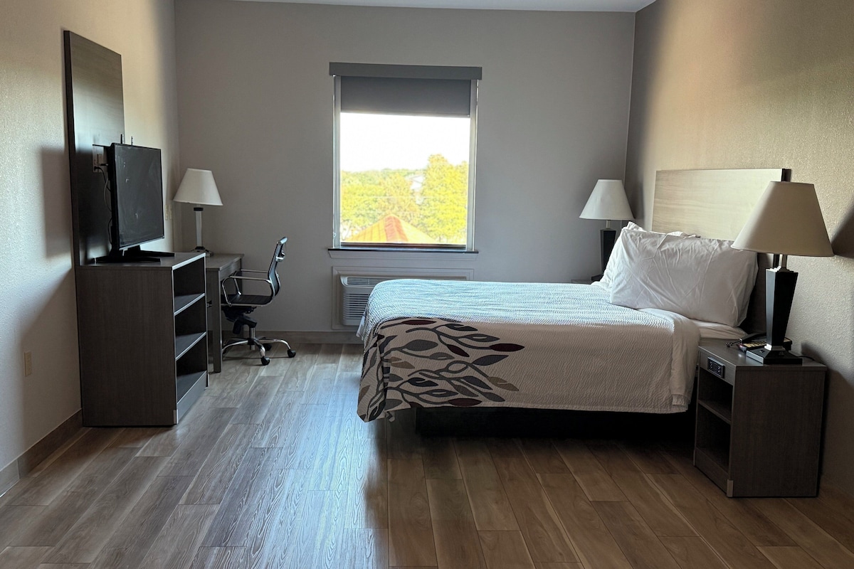 A bedroom with a bed, two bedside tables with lamps, a desk with a chair, a TV on a stand, and a window with a view of greenery.