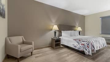 Desk, laptop workspace, blackout curtains, rollaway beds