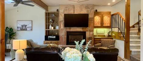 Smart TV, lareira, DVD player, livros