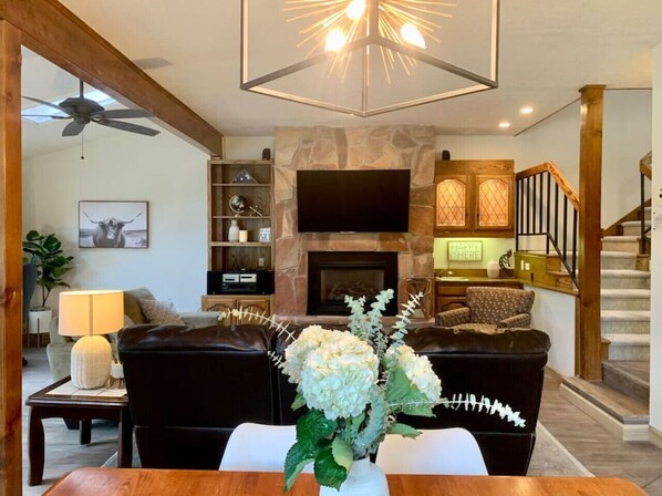 Smart TV, fireplace, DVD player, books