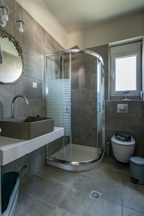 Shower, hair dryer, towels