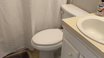 A bathroom with a toilet, a sink, and a shower curtain.