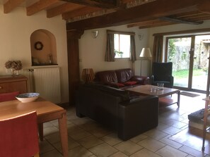 Smart-tv, een open haard, een dvd-speler en boeken