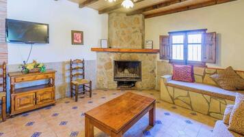 Een televisie en een open haard