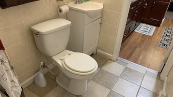 Combined shower/bathtub, hair dryer, towels, soap