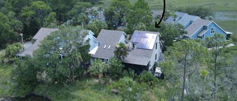 An aerial view of a residential area with houses surrounded by lush greenery and a body of water.