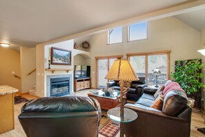 TV, fireplace, books