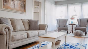 Smart TV, fireplace, books, music library