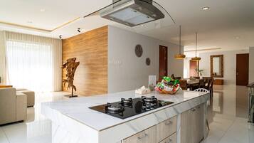Fridge, microwave, stovetop, electric kettle