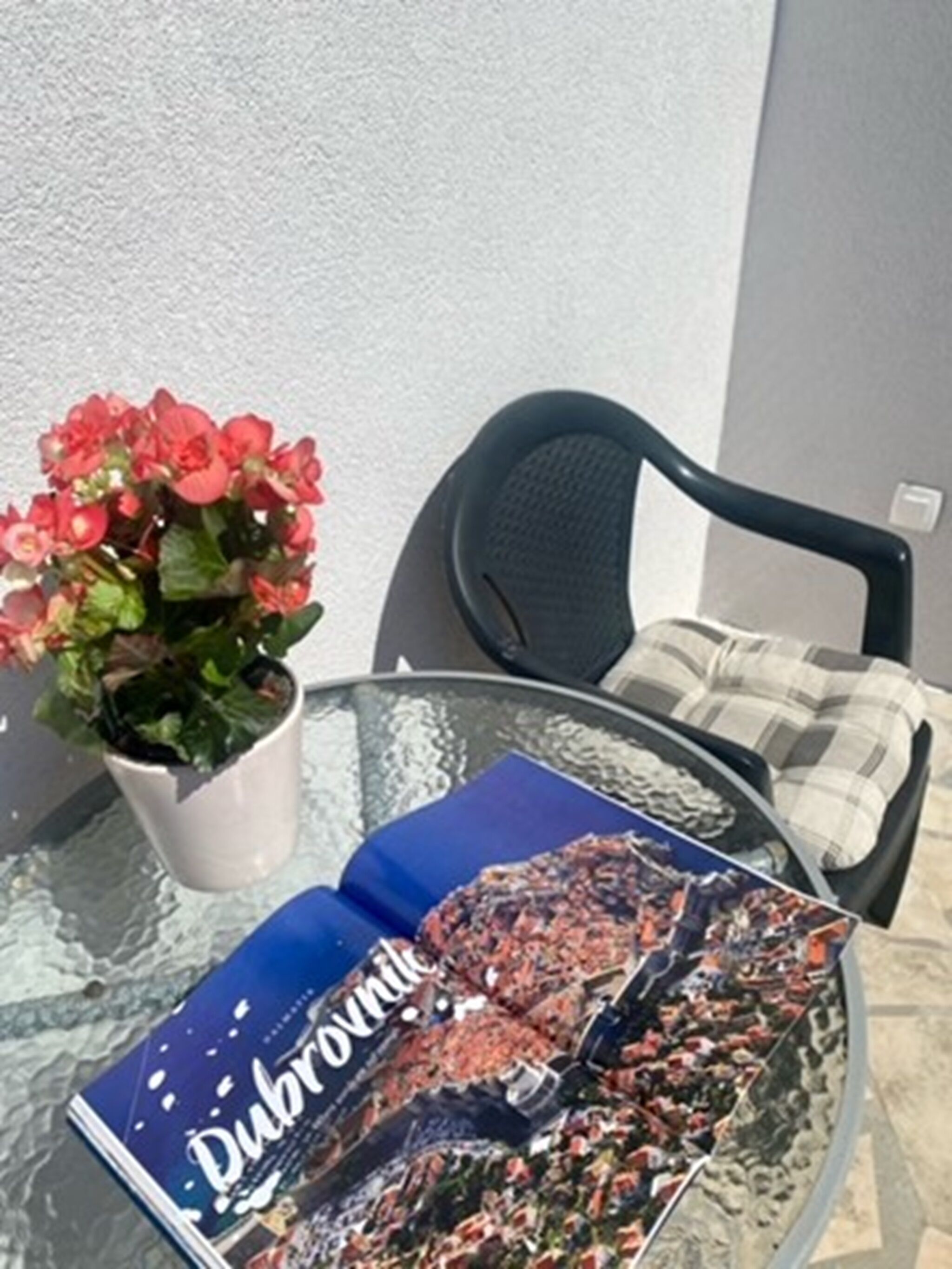 A glass table with a book titled 'Dubrovnik' and a potted plant with red flowers.