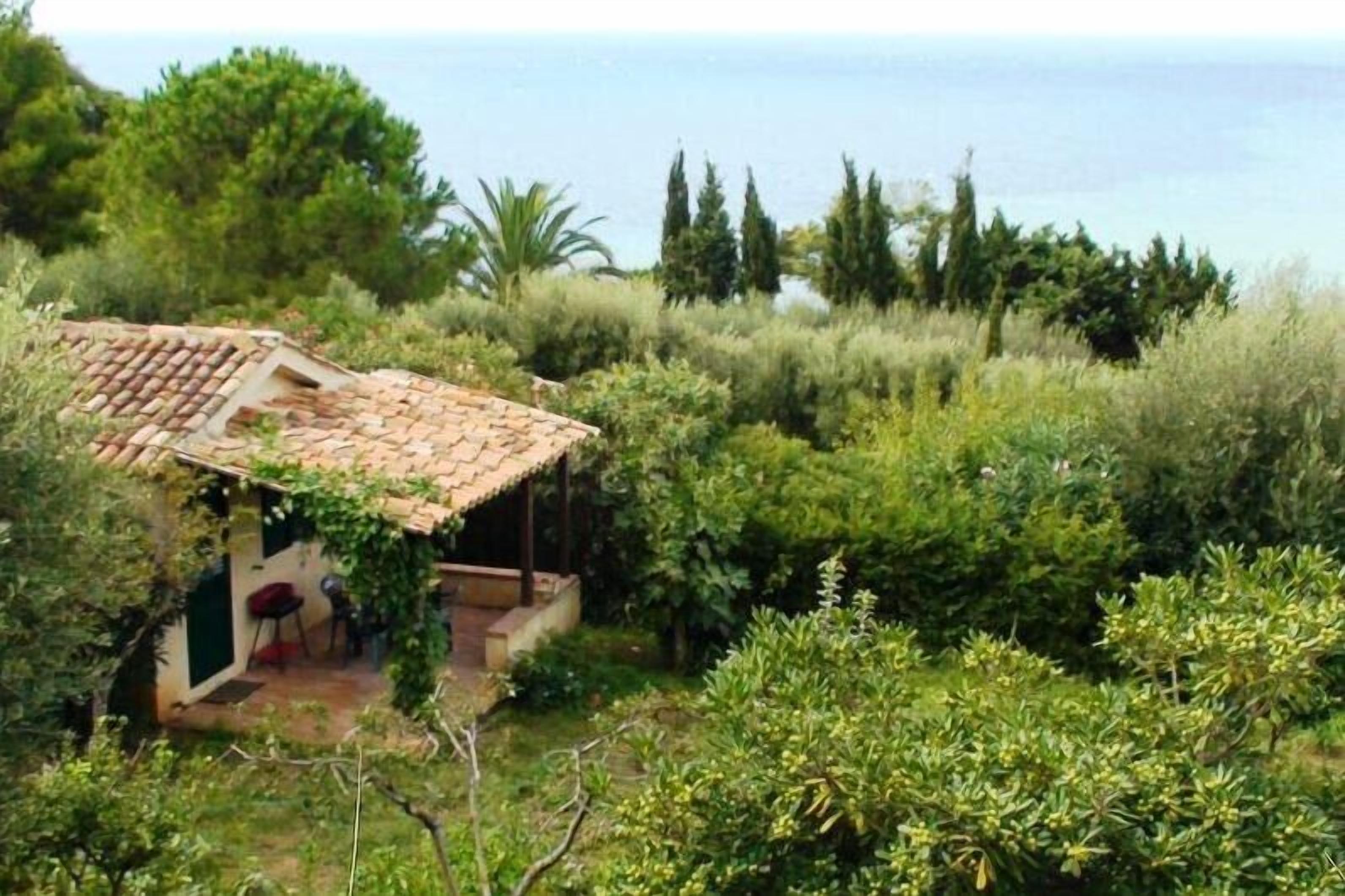 A rustic house with a tiled roof, surrounded by lush greenery and overlooking a body of water.