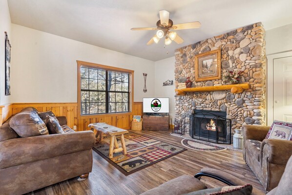 Smart TV, fireplace, DVD player