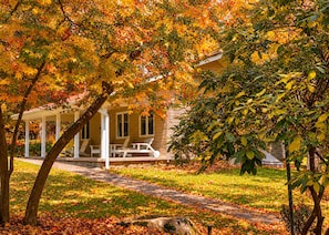 A house with a porch, outdoor seating, and a pathway covered with fallen leaves. - The Pebblestone Cottage - Quiet Woodland Retreat (Farmington)