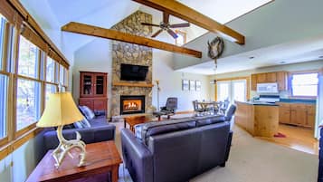Smart TV, fireplace, video games, DVD player