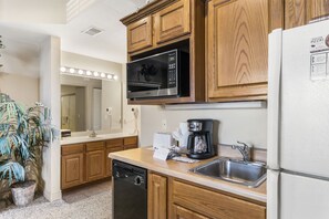 Fridge, microwave, dishwasher, coffee/tea maker