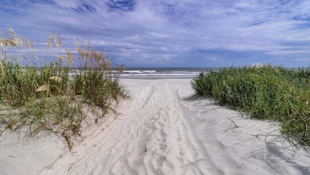 En sti af sand der fører ned til havet under overskyede himmel.