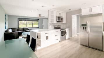 Fridge, microwave, coffee/tea maker, cookware/dishes/utensils