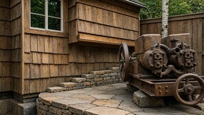 A rustic wooden building with a stone staircase leading to a porch. - Après Ski Retreat at Voss Ski Haus 949 (Park City)
