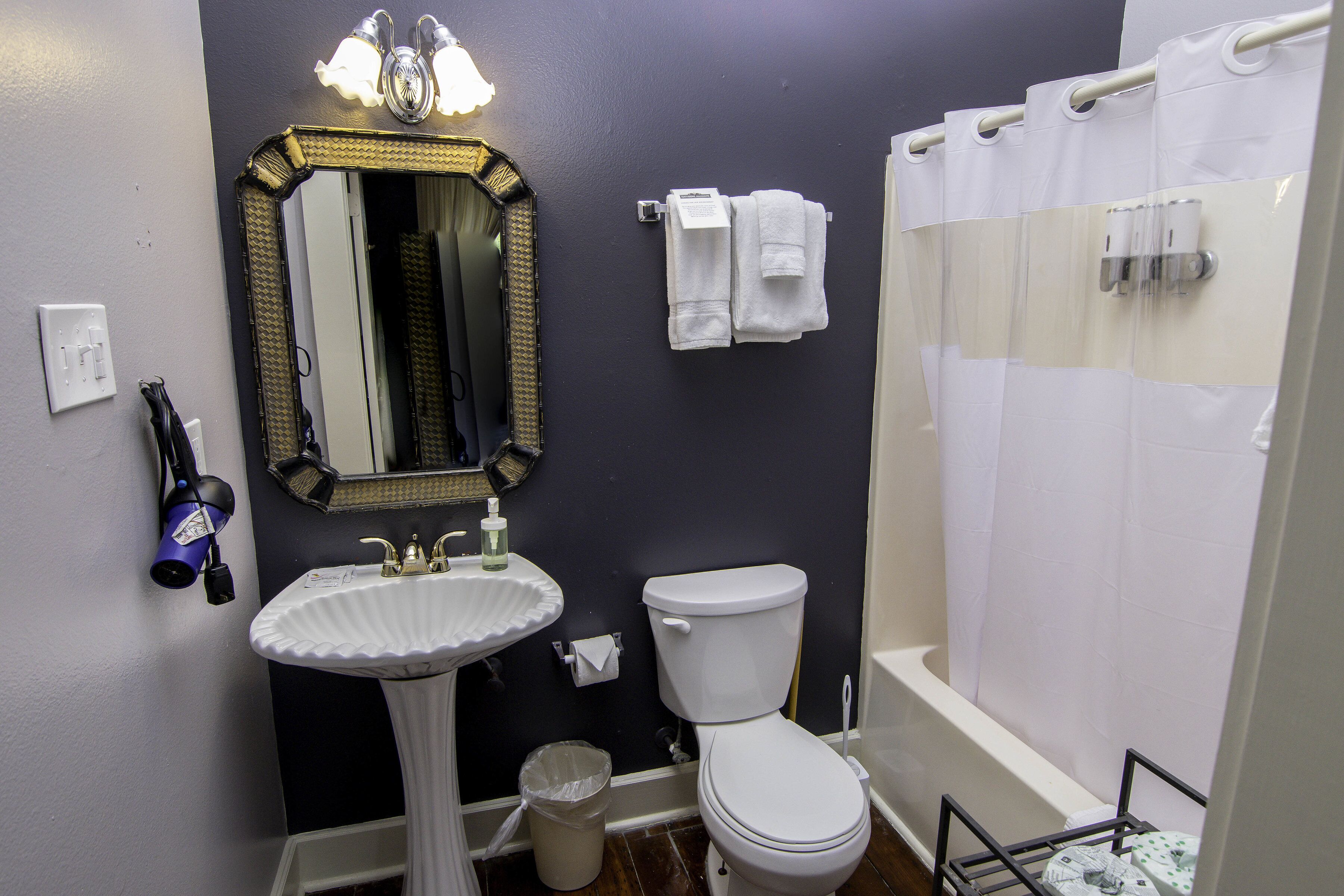 Une salle de bain avec un lavabo sur colonne, des toilettes, un rideau de douche et un miroir avec éclairage intégré.
