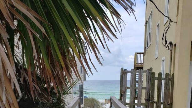 A concrete pathway leading to a wooden deck with a white picket fence, surrounded by greenery and overlooking a beach.